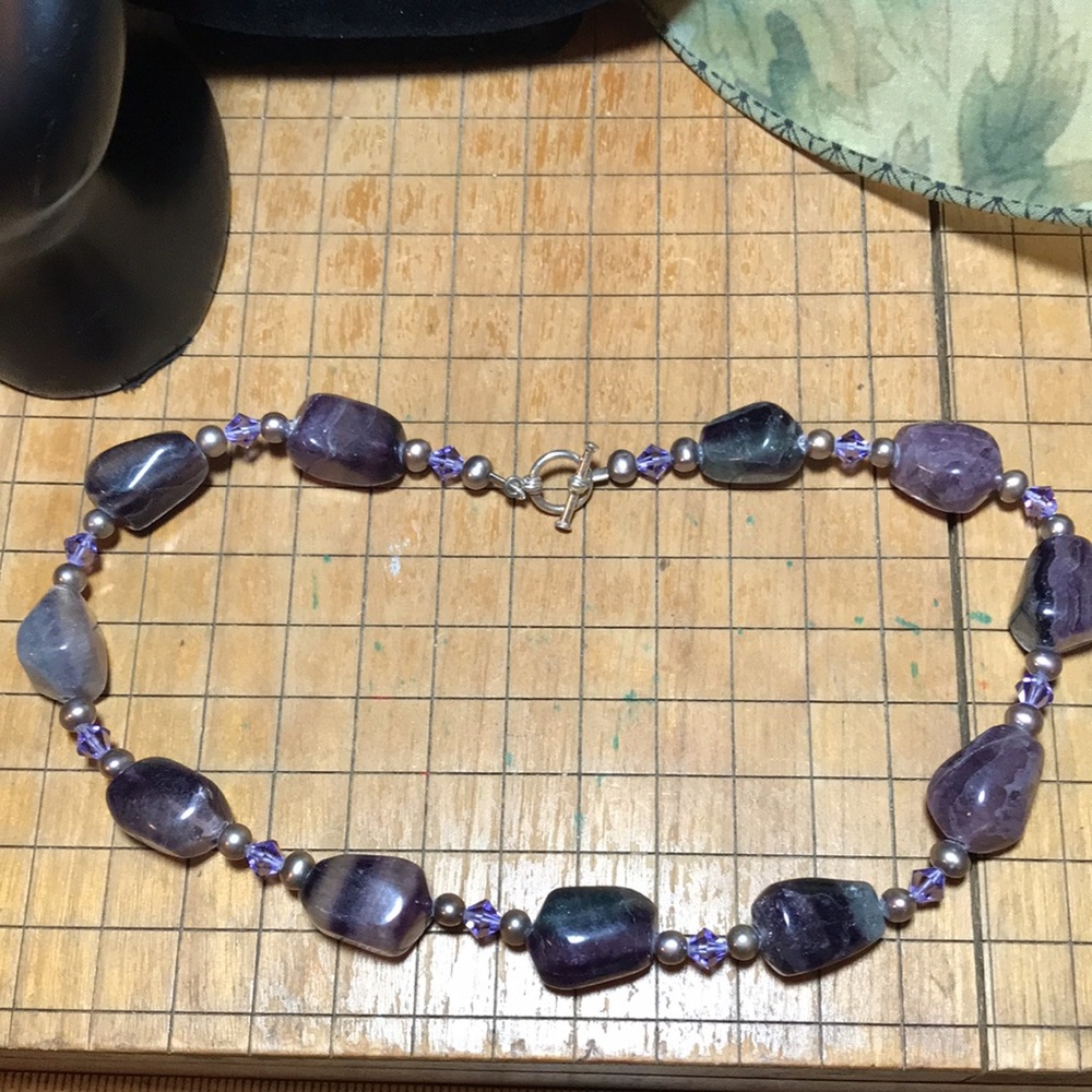 Amethyst Color Crystal, Gray Pearls Necklace 16.5”L Bi-cone Beads w Toggle Clasp